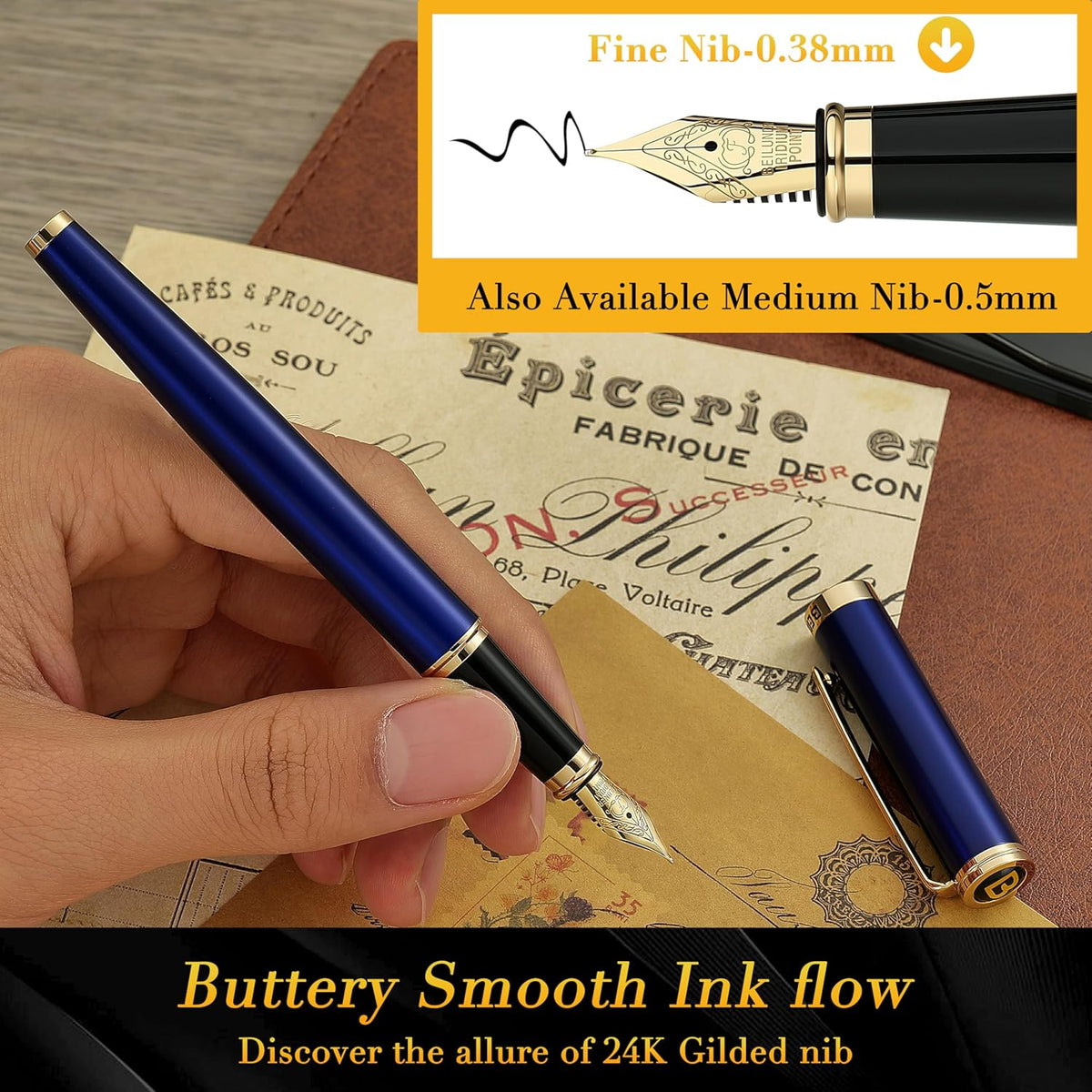 BEILUNER Blue Personalized Fountain Pen,Stunning Luxury Lacquer,24K Gilded Nib(Fine),Gorgeous 24K