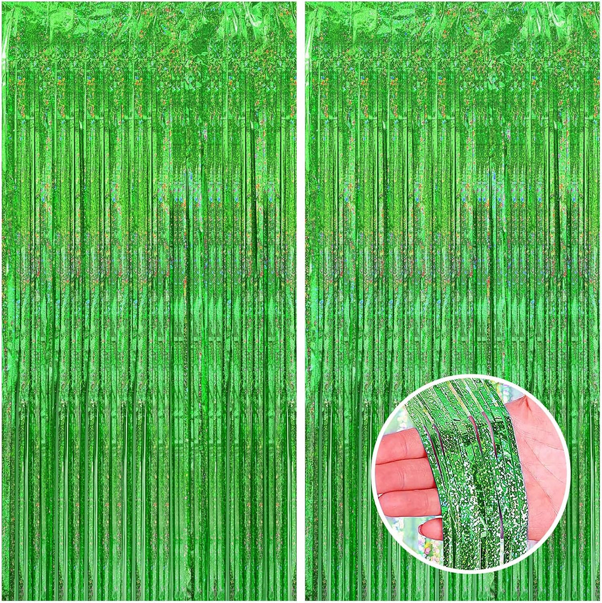 CANREVEL 2 Pack 3.3x8.2 Feet Laser Green Foil Fringe Backdrop Curtains, Tinsel Streamers Birthday