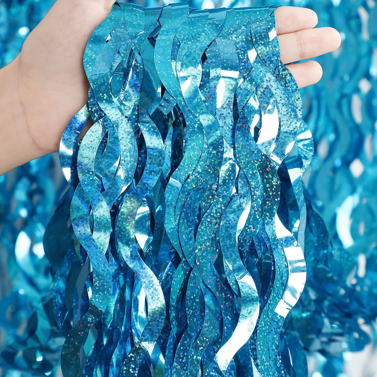 3 Pack 3.3 ft x 6.6 ft Teal Foil Fringe Curtains - Sparkle Metallic Curtains Party Decorations