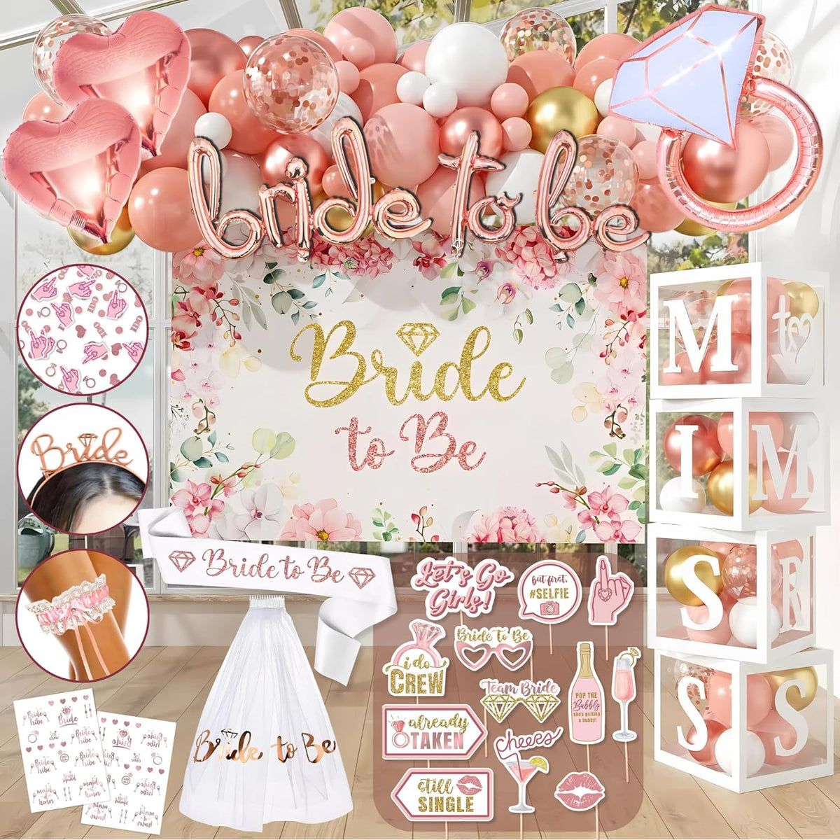 189 pc Bridal Shower Party Decorations – Balloons, Bride to Be Sash, Veil, Headband, Backdrop