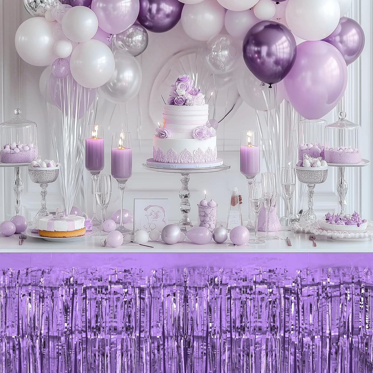 1 Pack Light Purple Table Skirts, 29x108" Metallic Foil Tinsel Fringe Table Skirts for Rectangle