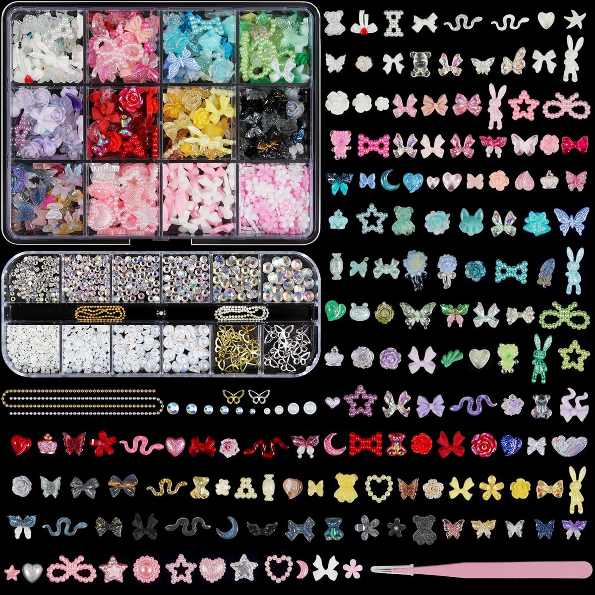 Artdone Nail Art Studs Kit, 2 boxes Multicolor 3D Charms Flower Butterfly Snake Rabbit Diamond Cute