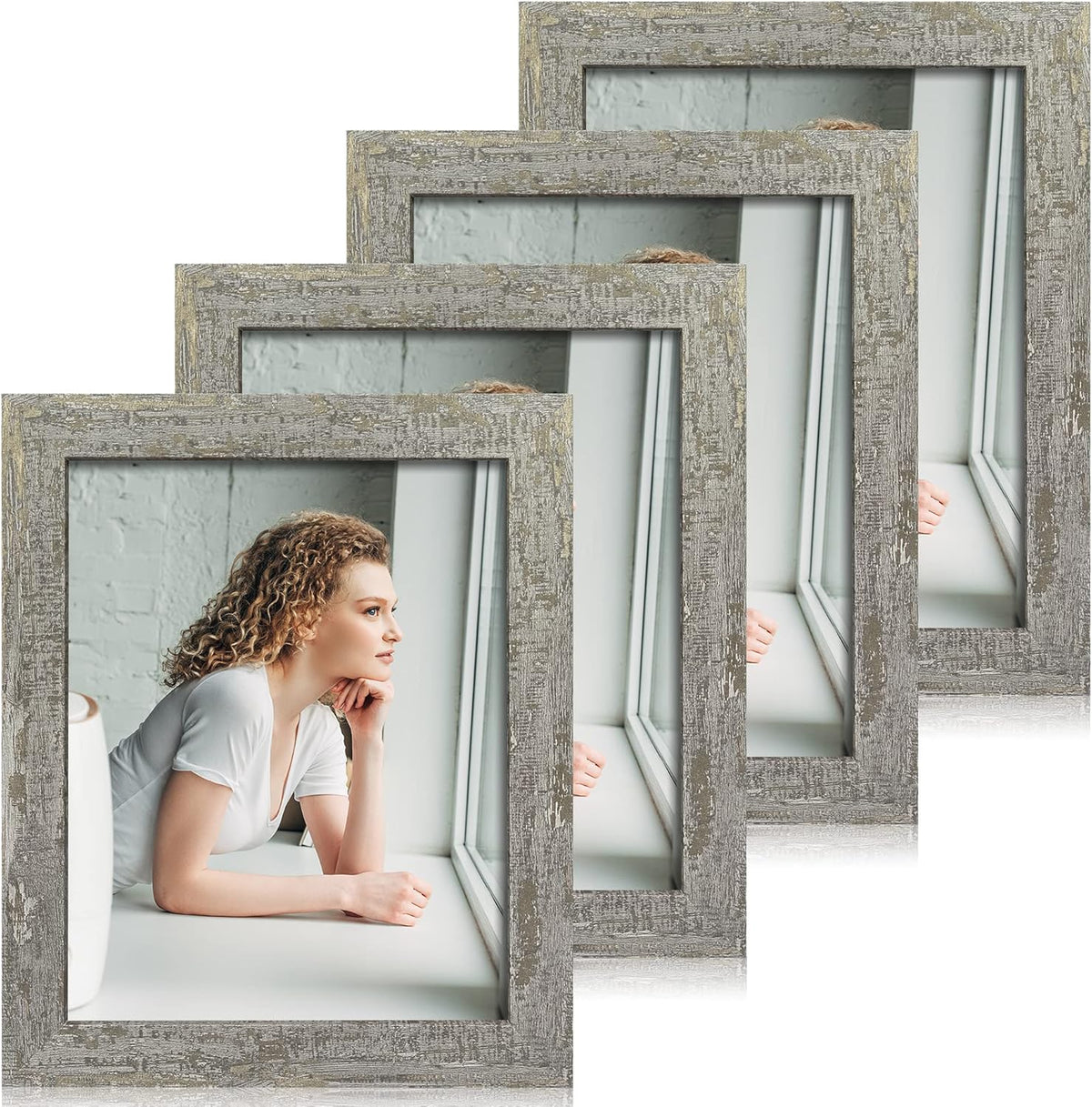 8x10 Picture Frame Set of 4, High Definition Glass Distressed Moss Green Frame, 8 x 10 Wood Photo