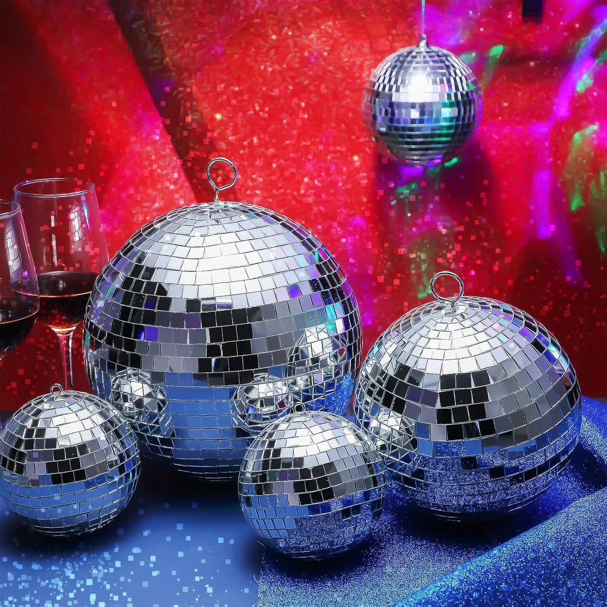 Haull 8 Pcs Large Disco Ball Set Silver Mirror Disco Reflective Ball with Hanging Ring Party
