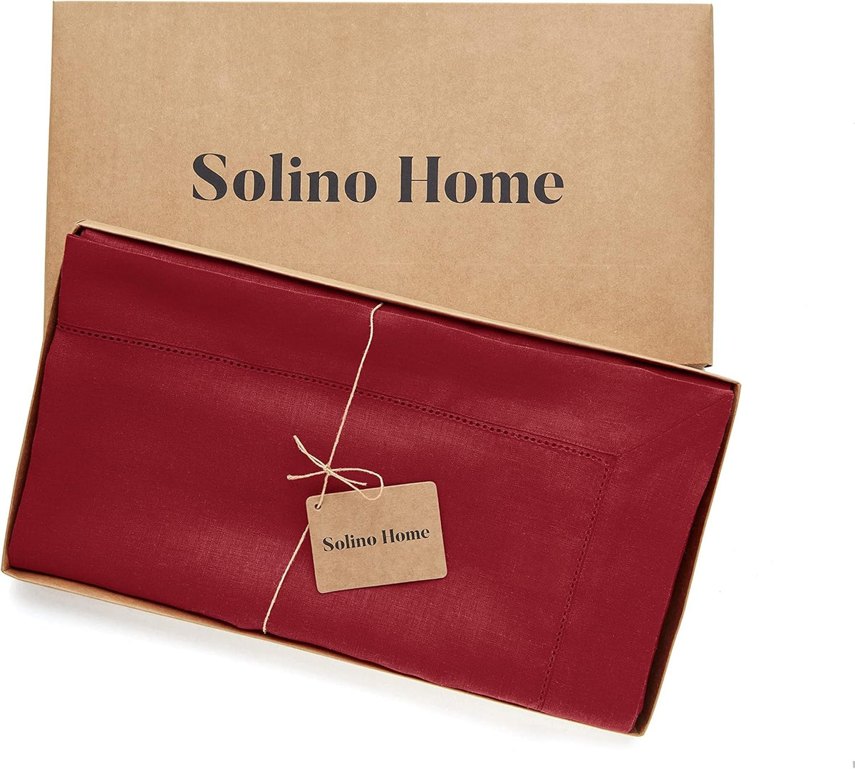 Solino Home Red Linen Tablecloth 60 x 132 Inch - 100% Pure Linen Hemstitch Table Cloth for