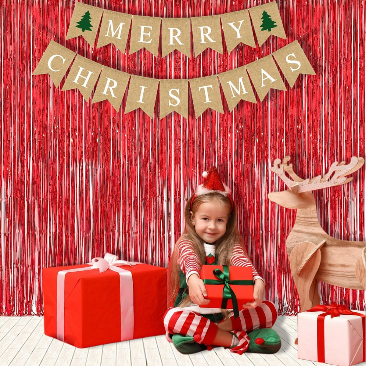 Foil Fringe Curtain Christmas Party Decorations - Red Metallic Tinsel Photo Booth Backdrop Party
