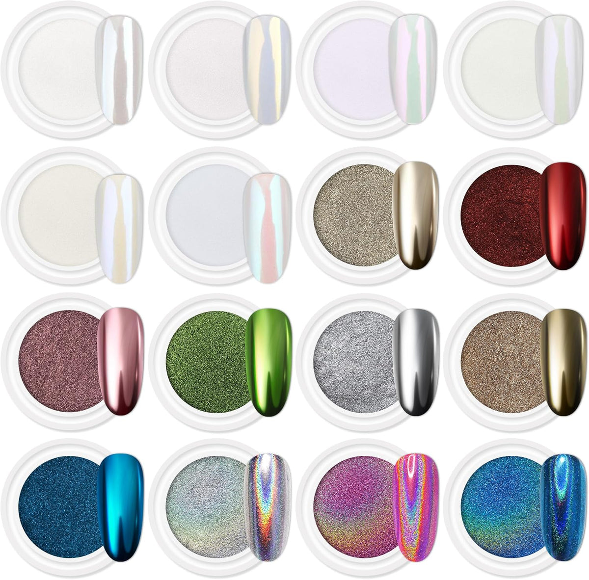 Artdone 16Jars Chrome Nail Powder Magic White Pearl Kit Mirror Effect Silver Metallic Holographic