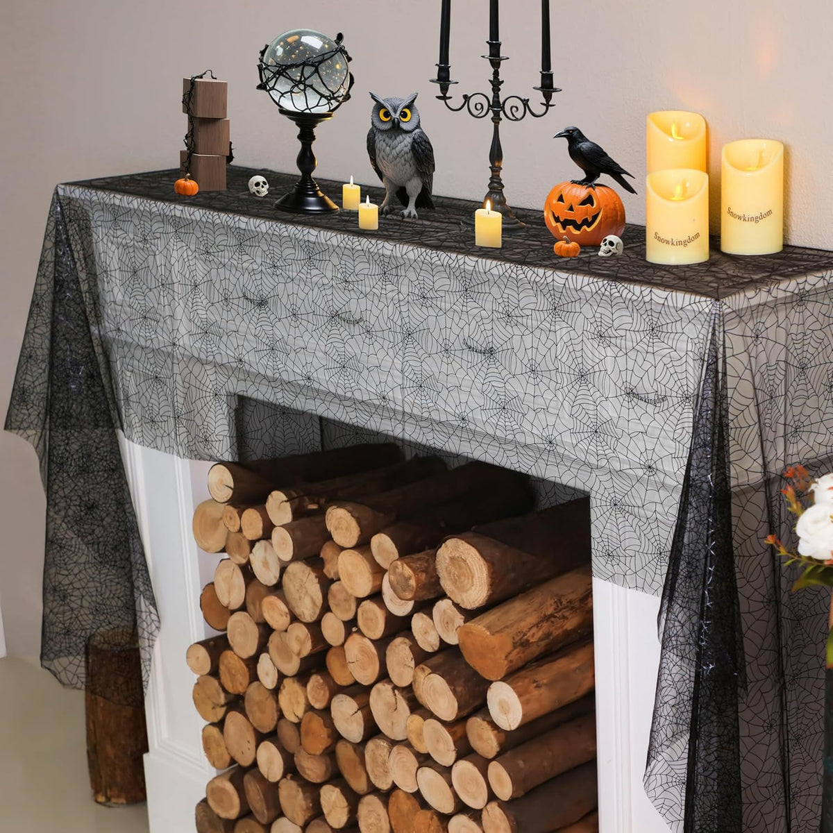Snowkingdom Halloween Table Runner, 10 FT Black Spider Web Runners Metallic Sequin Sheer Chiffon