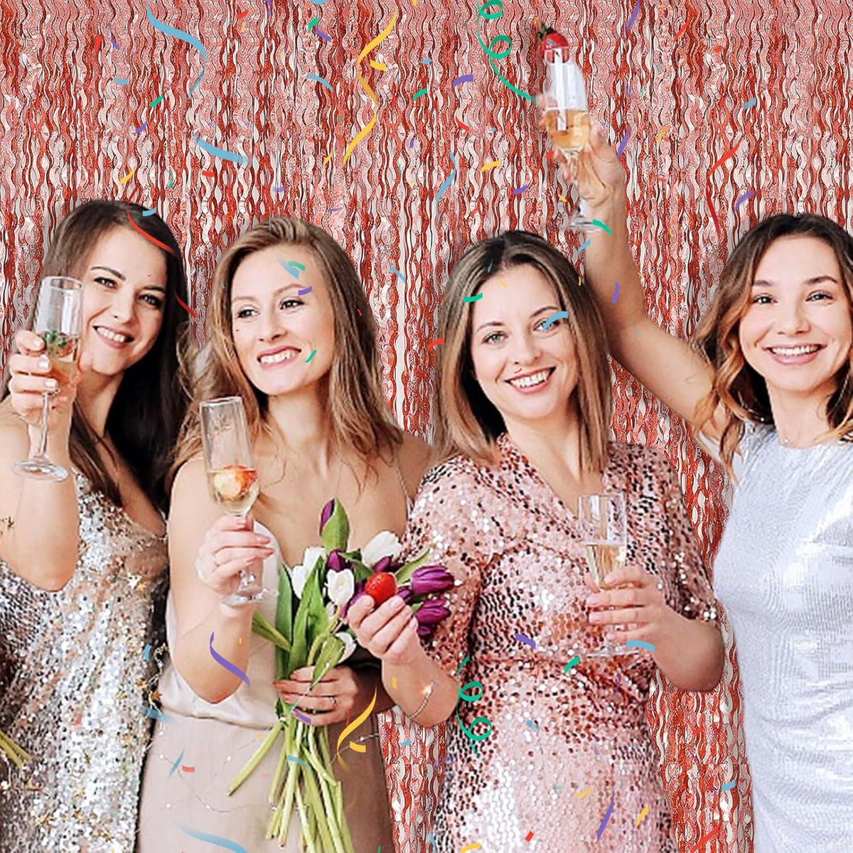 Rose Gold Tinsel Foil Fringe Curtains Wavy Backdrop for Parties Sparkle Metallic Wavy Foil Fringe