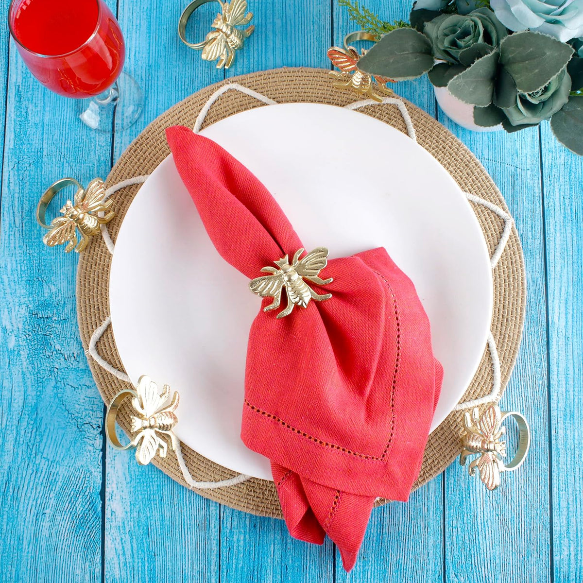 Gold Napkin Rings Set of 12 - Elegant Bee Napkin Rings with Sturdy Lightweight Metal Design