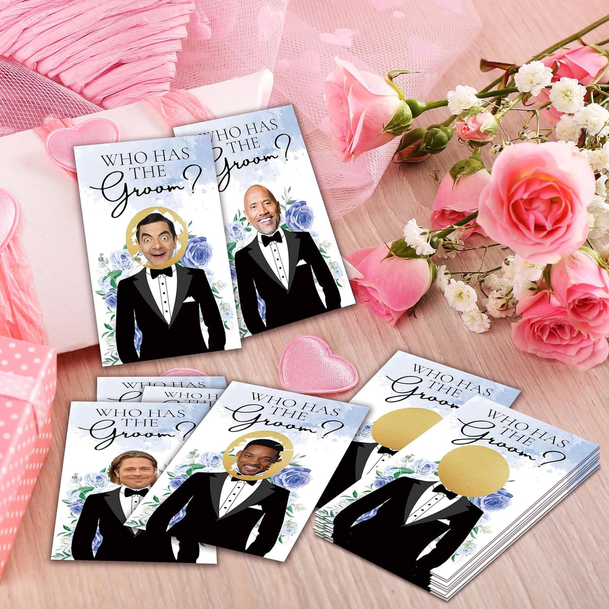 Who Has The Groom Bridal Shower Games, 41 Pcs Blue Floral Scratch Off Cards, 3.5"x 2.1" Funny