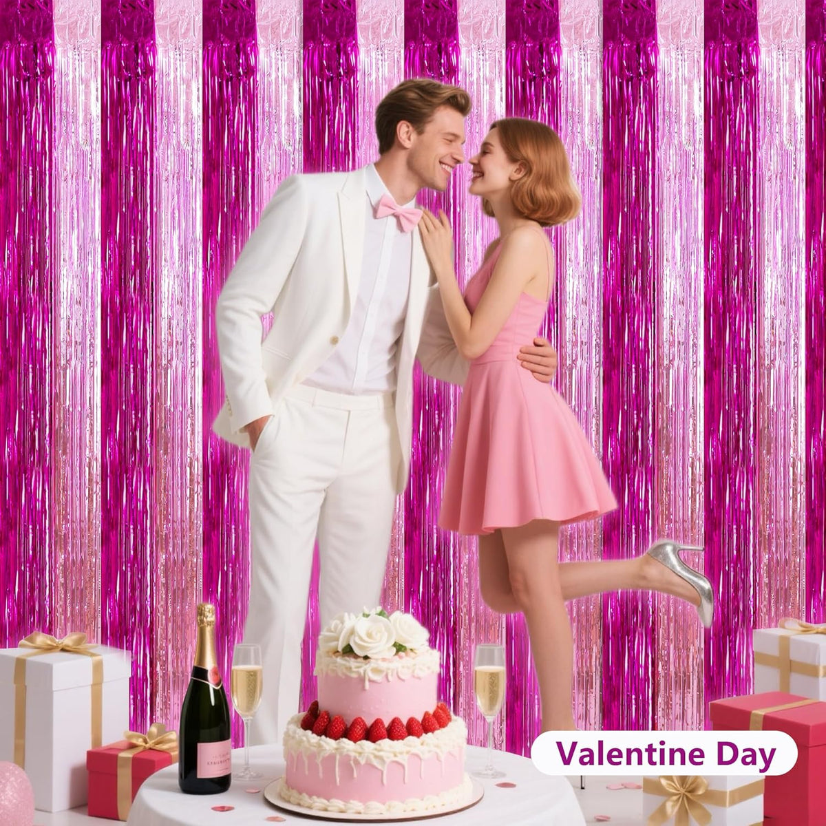 BEISHIDA Hot Pink Pink Door Streamers Backdrop Foil Fringe Tinsel Party Streamers Curtains Photo