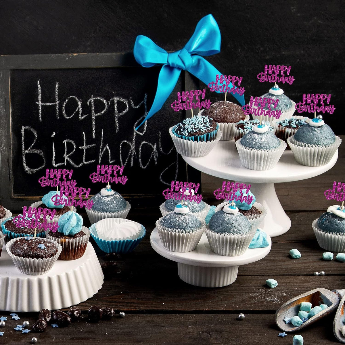 Gyufise 24Pcs Happy Birthday Cupcake Toppers Glitter Birthday Cupcake Food Picks for Celebrating