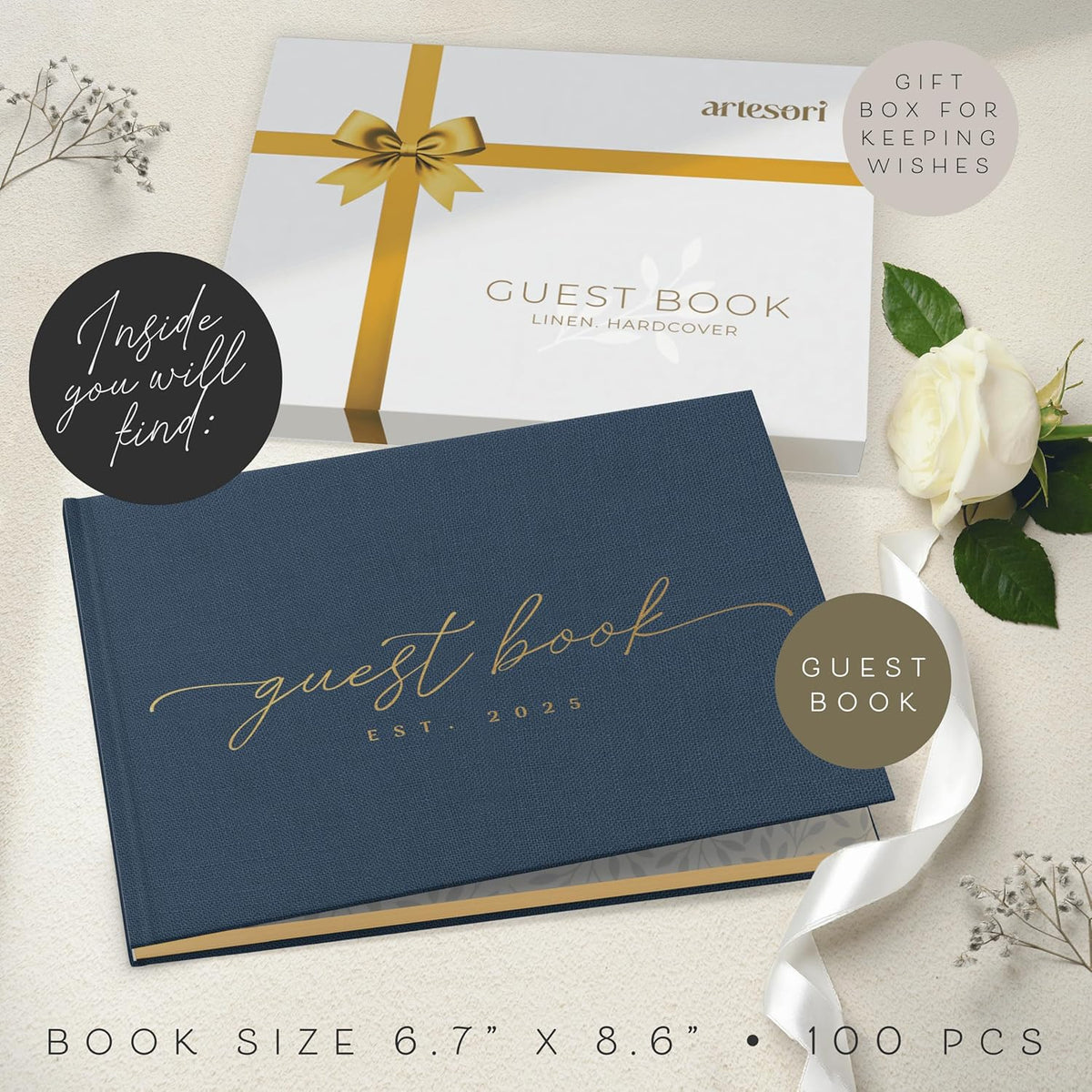 ARTESORI Custom 2025 Wedding Guest Book for Reception — Gold-Foiled Guestbook to Sign in, Elegant