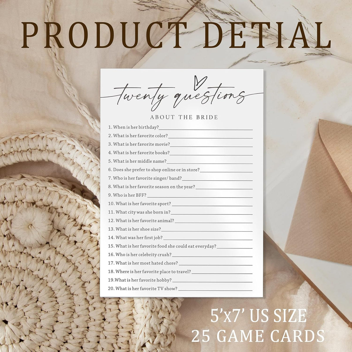 Fun Wedding Shower Games Cards, Twenty Questions About The Bride, Bridal Party Game and Favors for