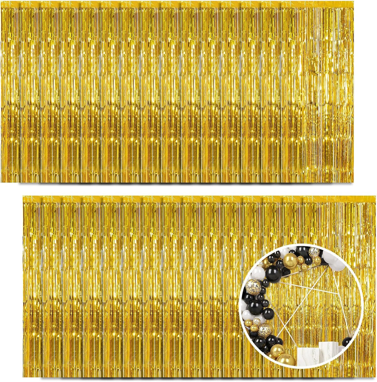 30 Pack Gold Foil Fringe Curtain Backdrop, 3.3x8.2 Feet Metallic Tinsel Streamer Curtains Photo