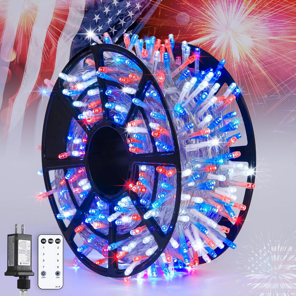 JMEXSUSS 600 LED Red White and Blue Lights Outdoor Plug in, 4th of July Decorations Outdoor Lights