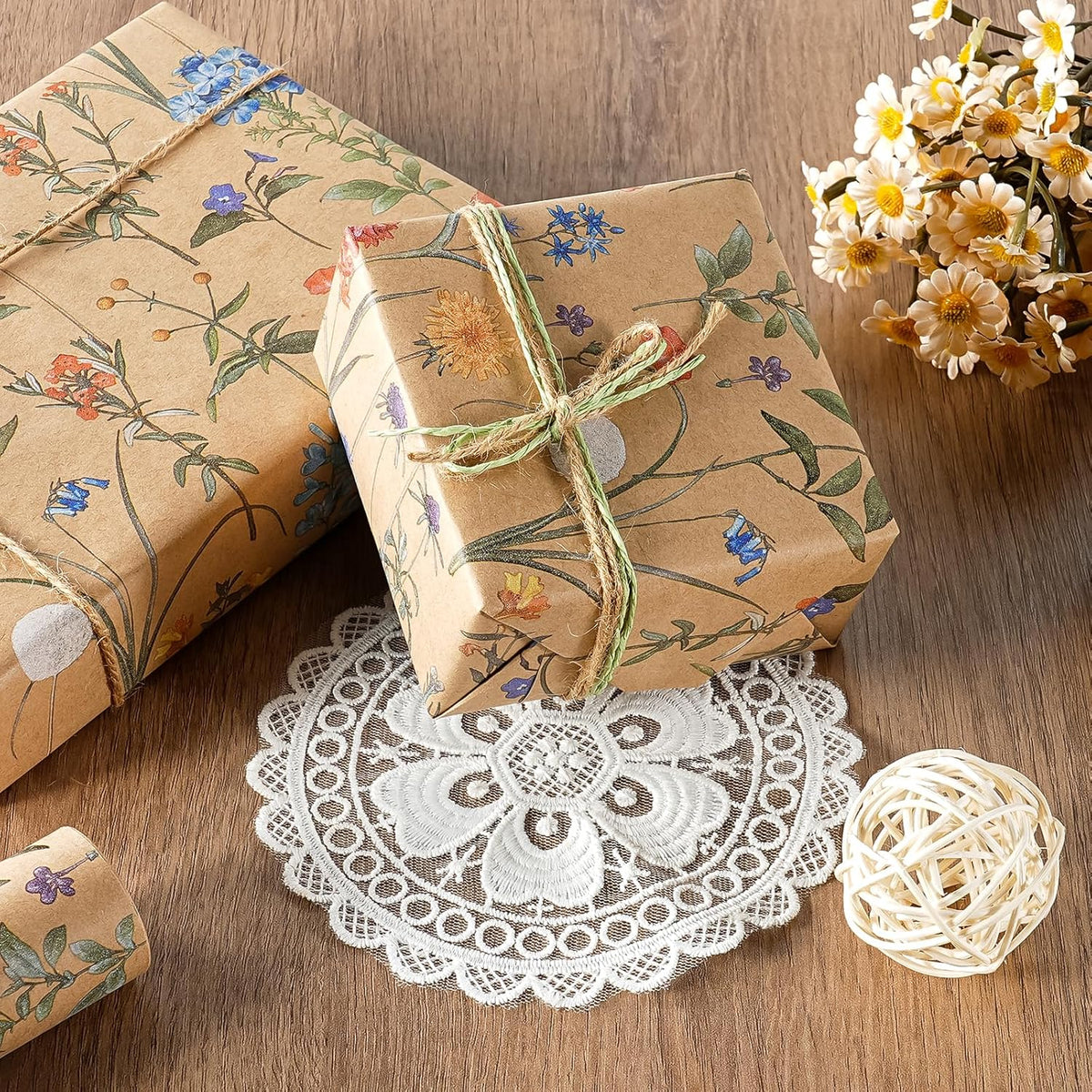 WRAPAHOLIC Kraft Floral Wrapping Paper Roll - Mini Roll - 17 Inch x 9.8 Feet - Wildflower Wrapping