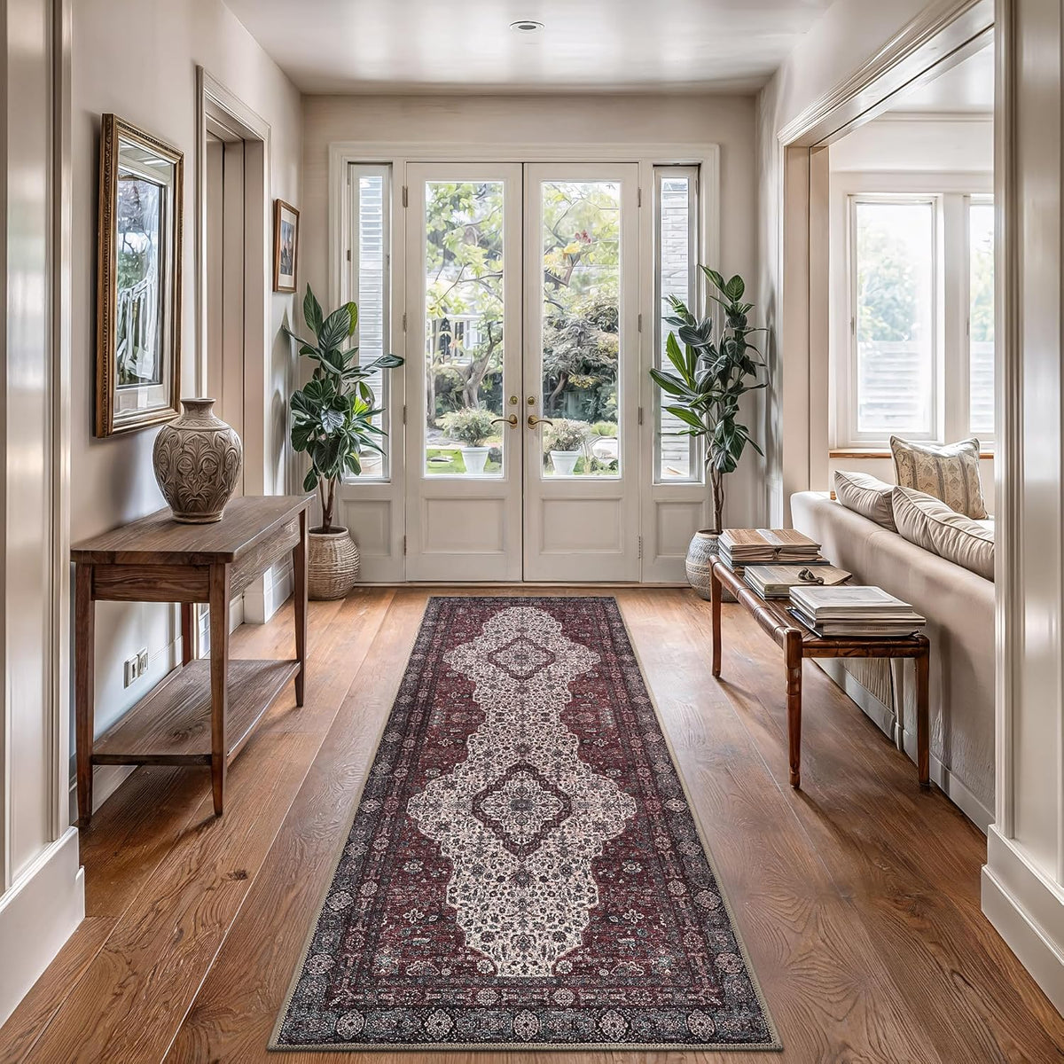 Bloom Rugs Washable Non-Slip 12 ft Runner - Red/Green/Cream Traditional Medallion Runner for