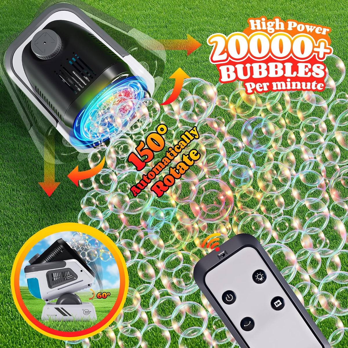 2025 Upgraded Bubble Machine with Remote Control, Automatic Rotation & RGB Lights, 1800mAh