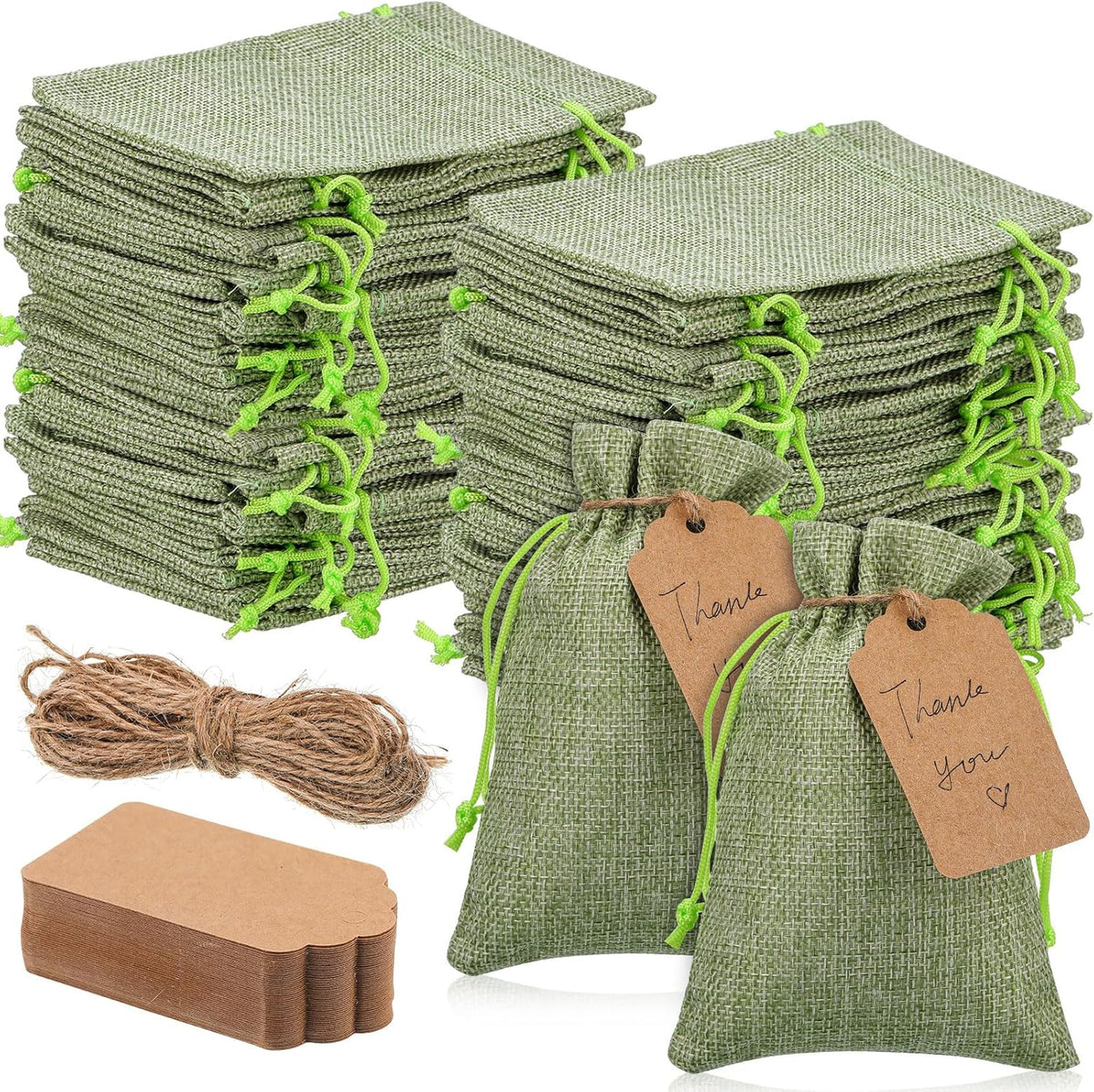 Woanger 100 Pcs Burlap Gift Bags with 100 Pcs Kraft Paper Gift Tags with Drawstring Favor Bulk