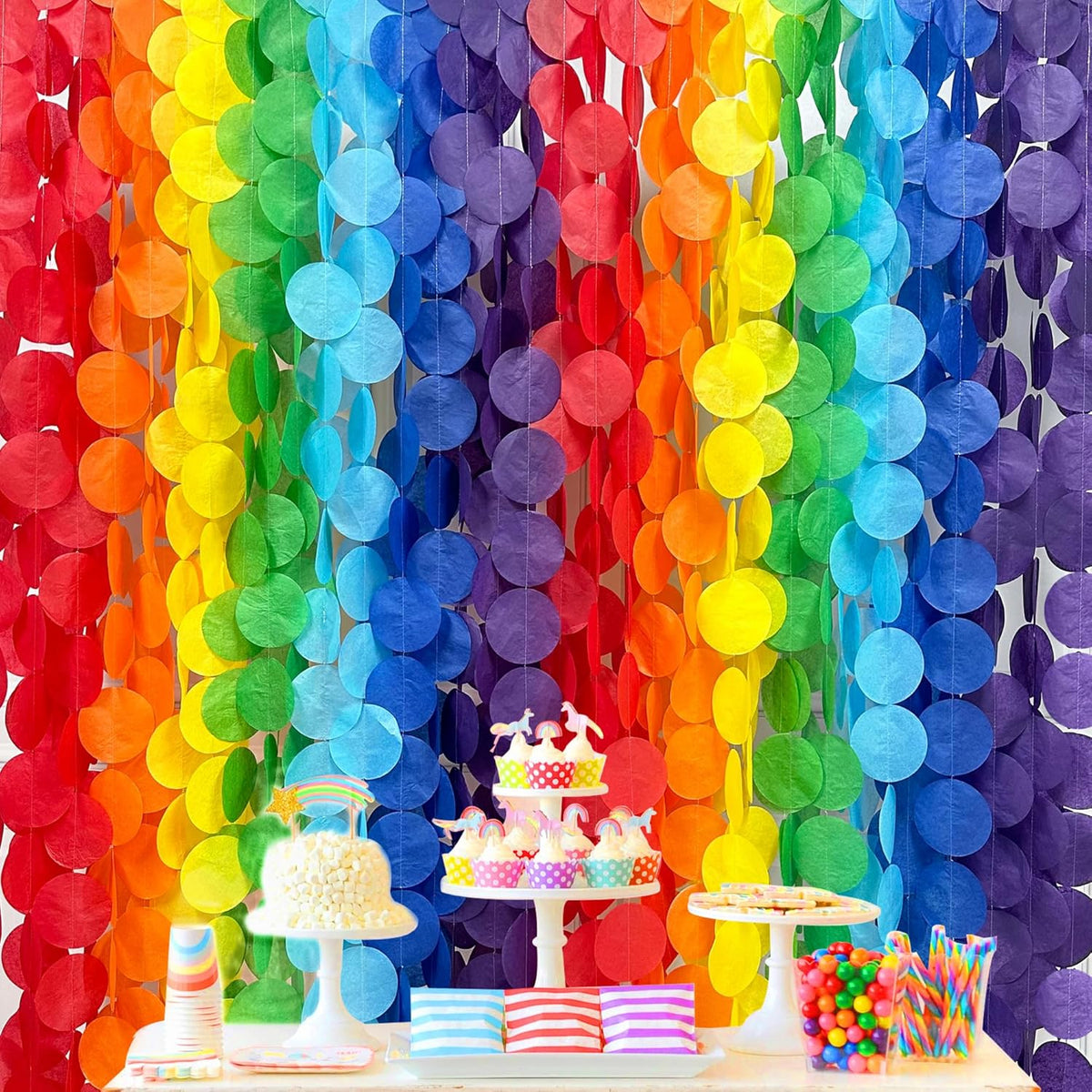 205Ft Rainbow Party Decorations Big Polka Dots Tissue Paper Backdrop Streamer Colorful Circle Dots