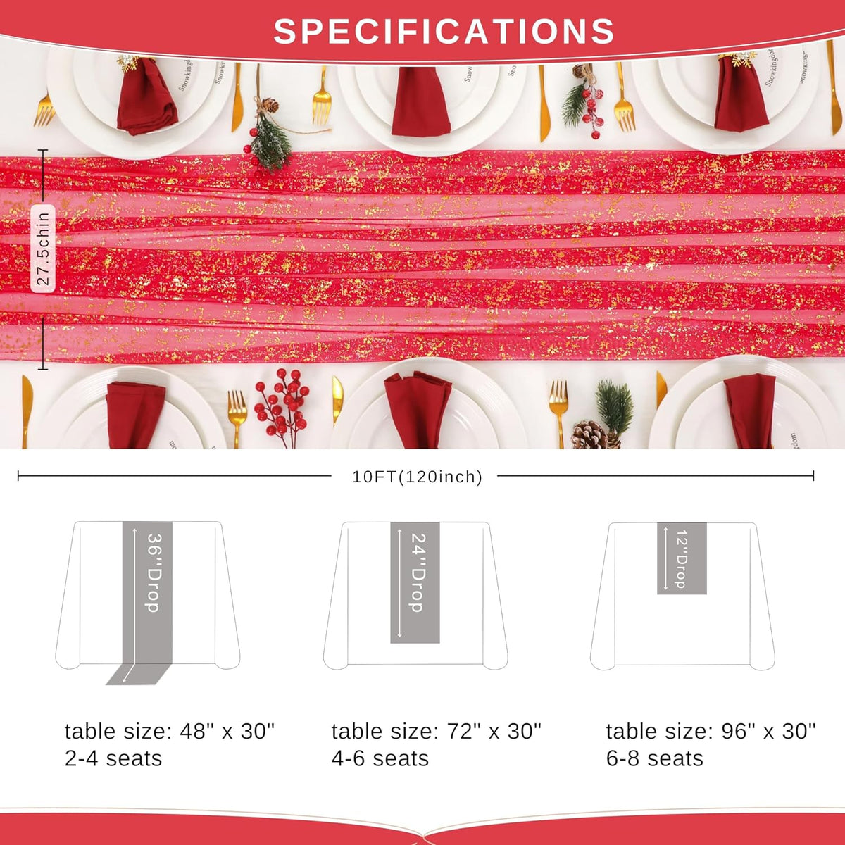 Snowkingdom 10FT Red Gold Table Runner, Sequin Glitter Sheer Chiffon Gauze Cheesecloth Runner 120