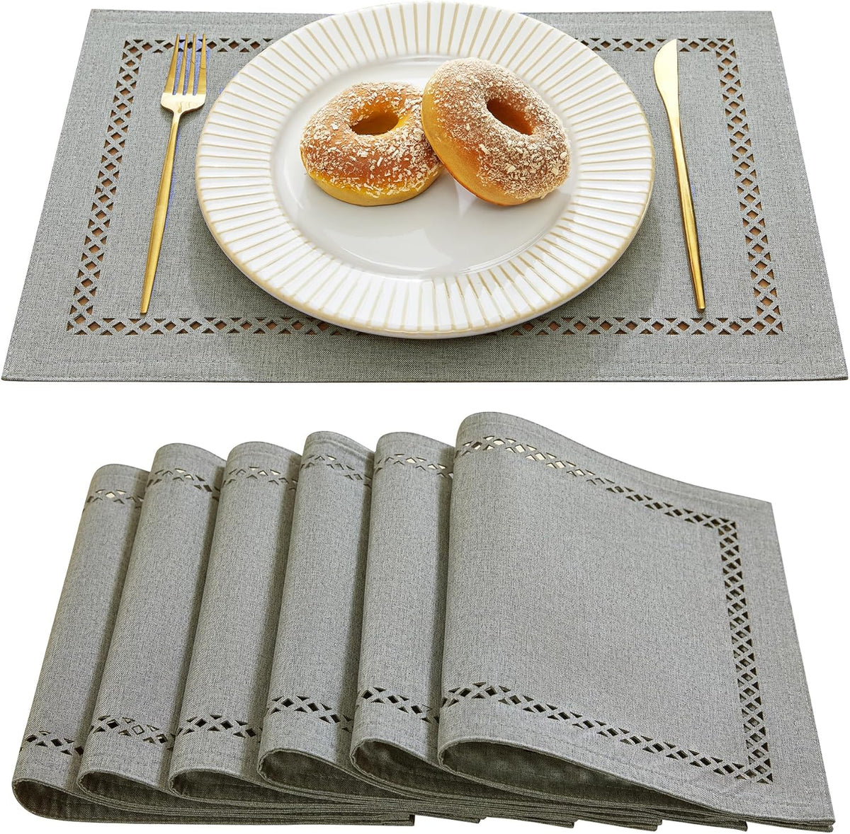 Burlap Placemats Set of 6, 12 x 18 Inch Rustic Geometric Hollow Place Mats, Heat Resistant