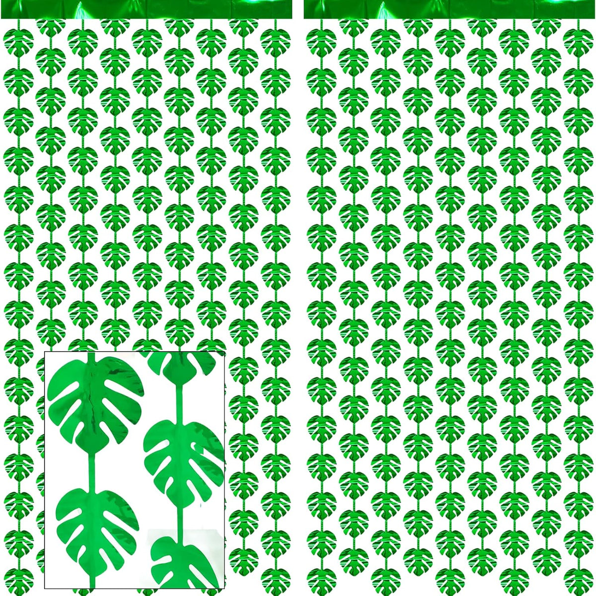2 Packs Jungle Leaf Foil Fringe Curtain, Green Glitter Tropical Palm Leaves Metallic Tinsel