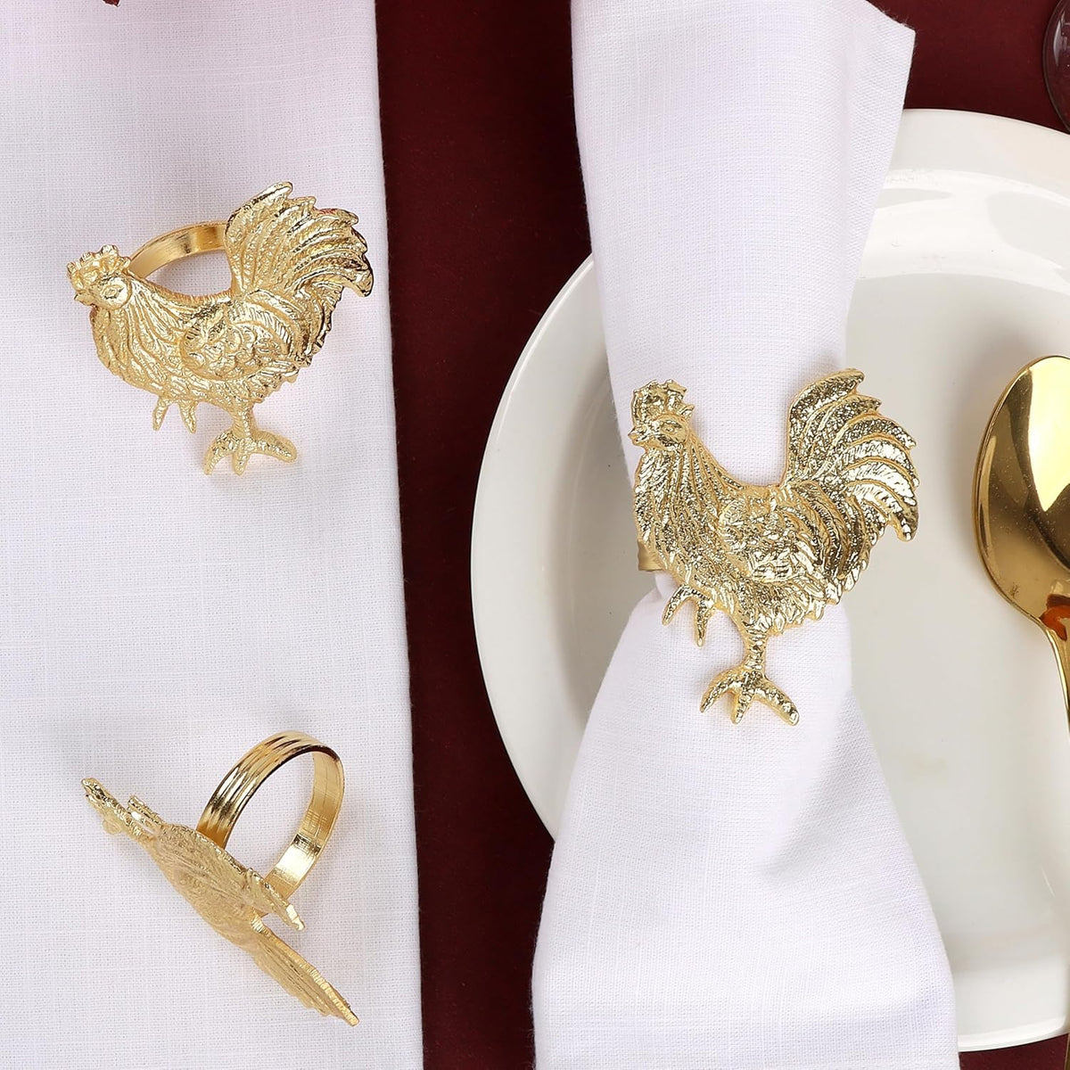 Set of 12 Rooster Napkin Rings for Farmhouse Table Decor | Premium Metal Chicken Dinnerware Holders