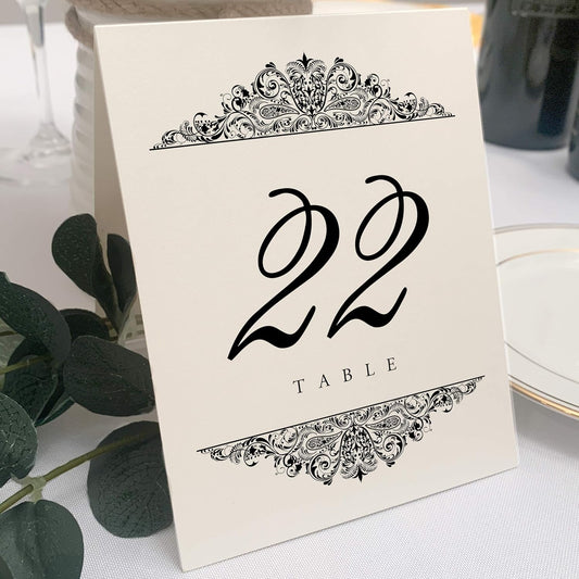 Paisley Wedding Table Numbers (Select Color/Quantity), Champagne, Black, 1-175, Double Sided, Tent