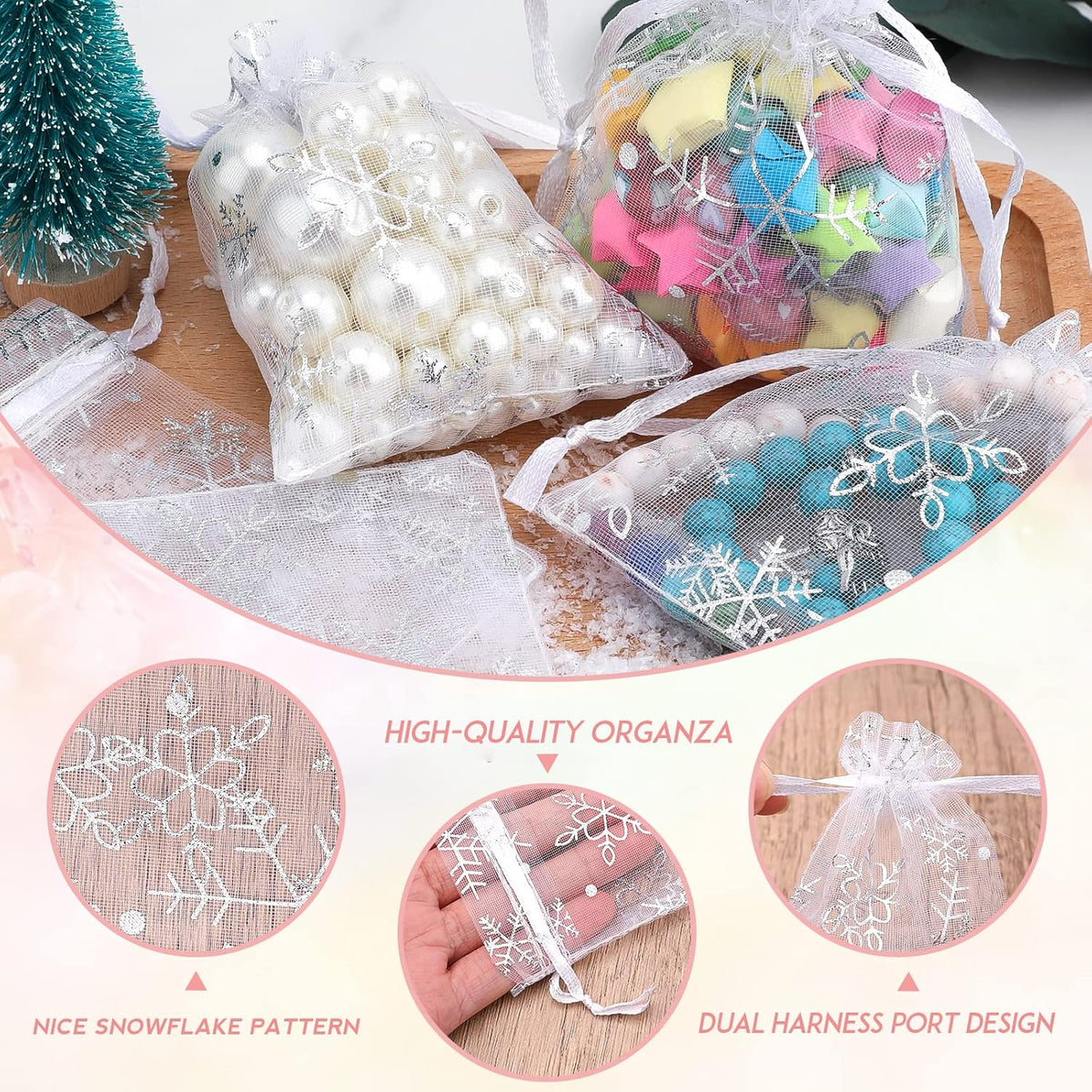 jijAcraft 3x4 Inch Christmas Organza Bags - 50Pcs White Snowflake Gift Bags with Drawstring, Xmas