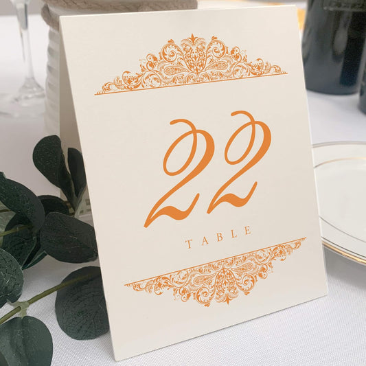Paisley Wedding Table Numbers (Select Color/Quantity), Champagne, Orange, 1-45, Double Sided, Tent