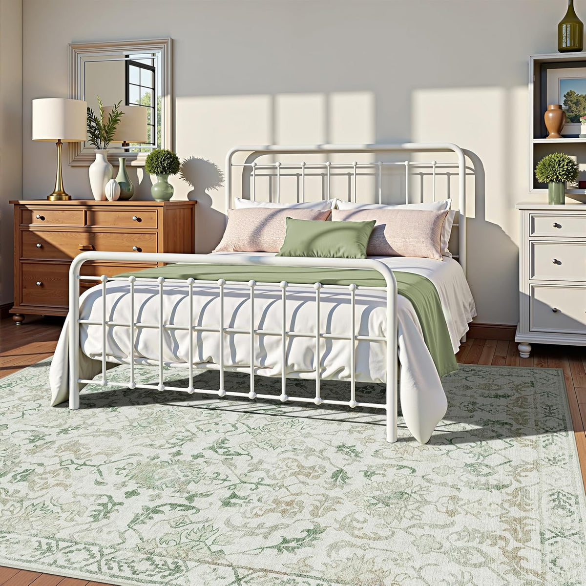 Green Vintage Area Rug 5x7 for Living Room Bedroom, Washable Distressed Farmhouse Soft Thin