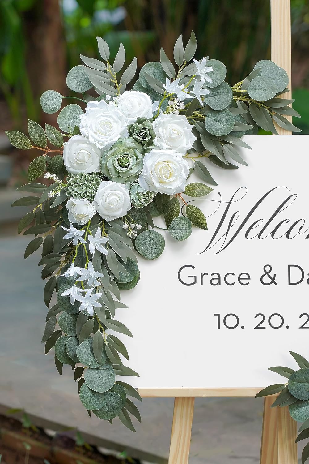 2-Pack Sage Green & White Wedding Flower Swag Set, Large: 35.43"L x 14.56"W, Small: 24.80"L x
