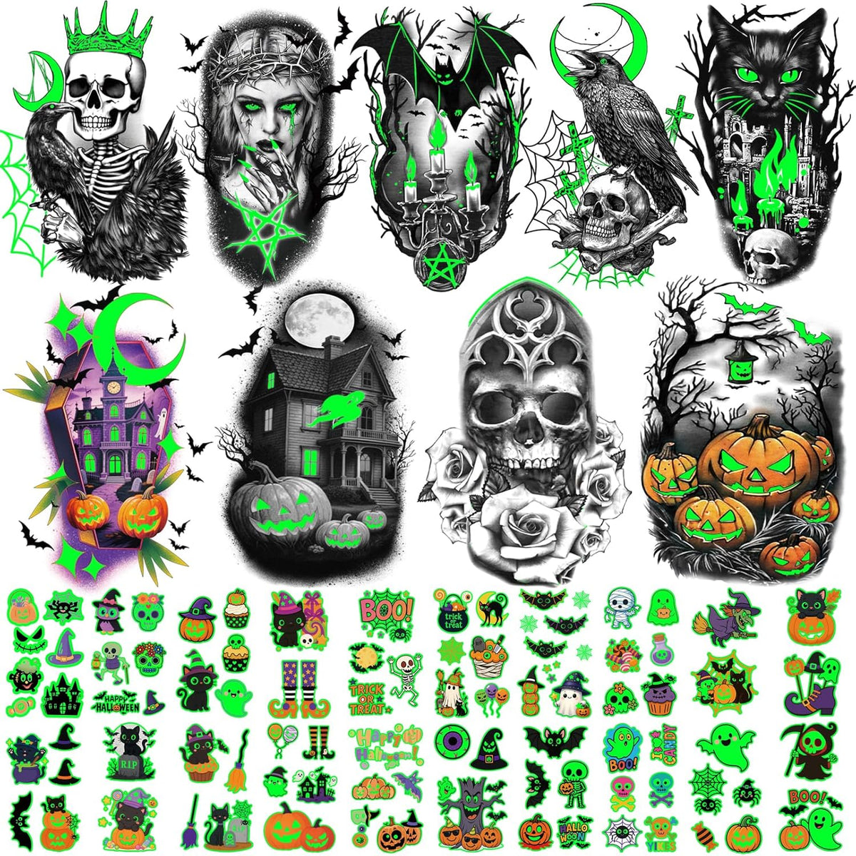 39 Sheets Halloween Glow Up Temporary Tattoos Women Men Adults, Skeleton Death Skull Pointed Black