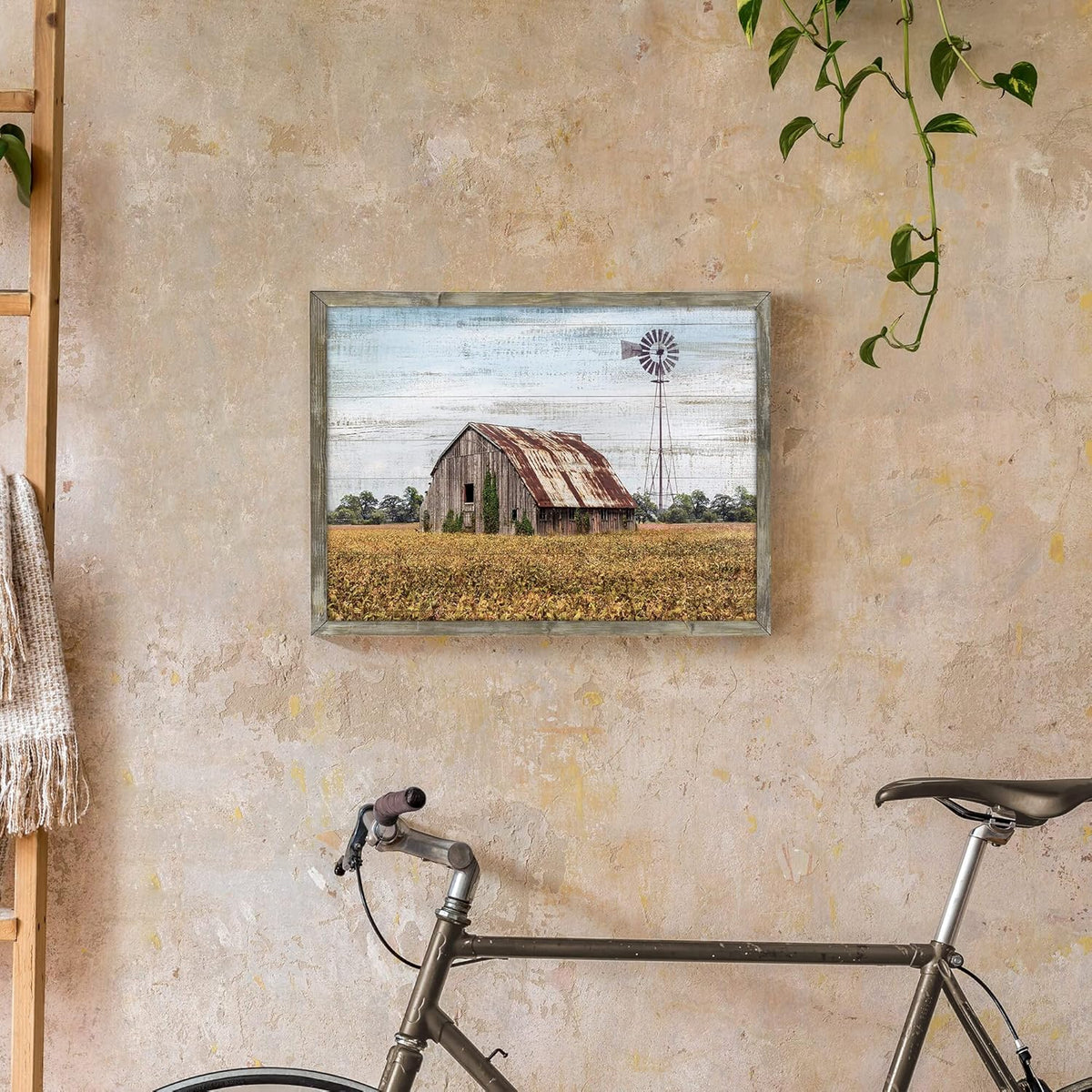 Rustic Life Wooden Wall Art: Rural House in the middle of Straw Artwork Wooden Painting with Framed