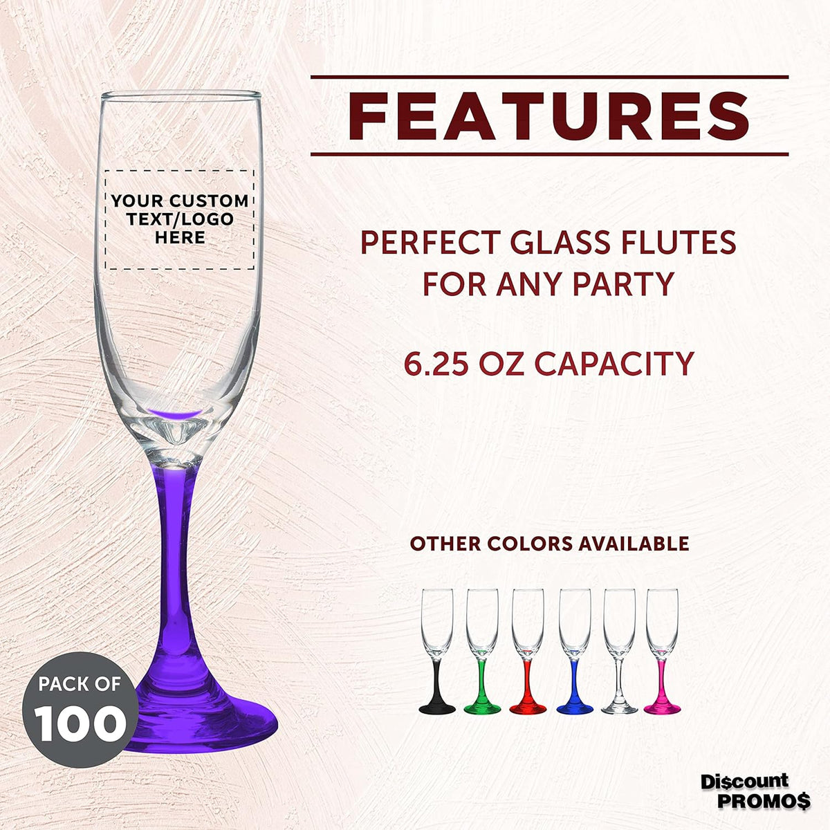 DISCOUNT PROMOS Custom Premiere Champagne Flutes 6.25 oz. Set of 100, Personalized Bulk Pack