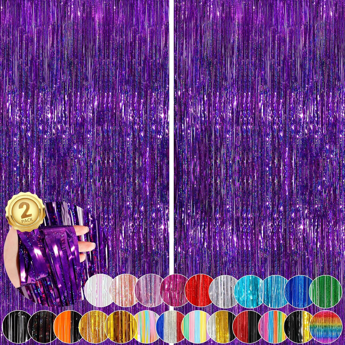 2 Pack Purple Metallic Tinsel Foil Fringe Curtains, Purple Streamers 3.3 x 8.3ft Party Streamers