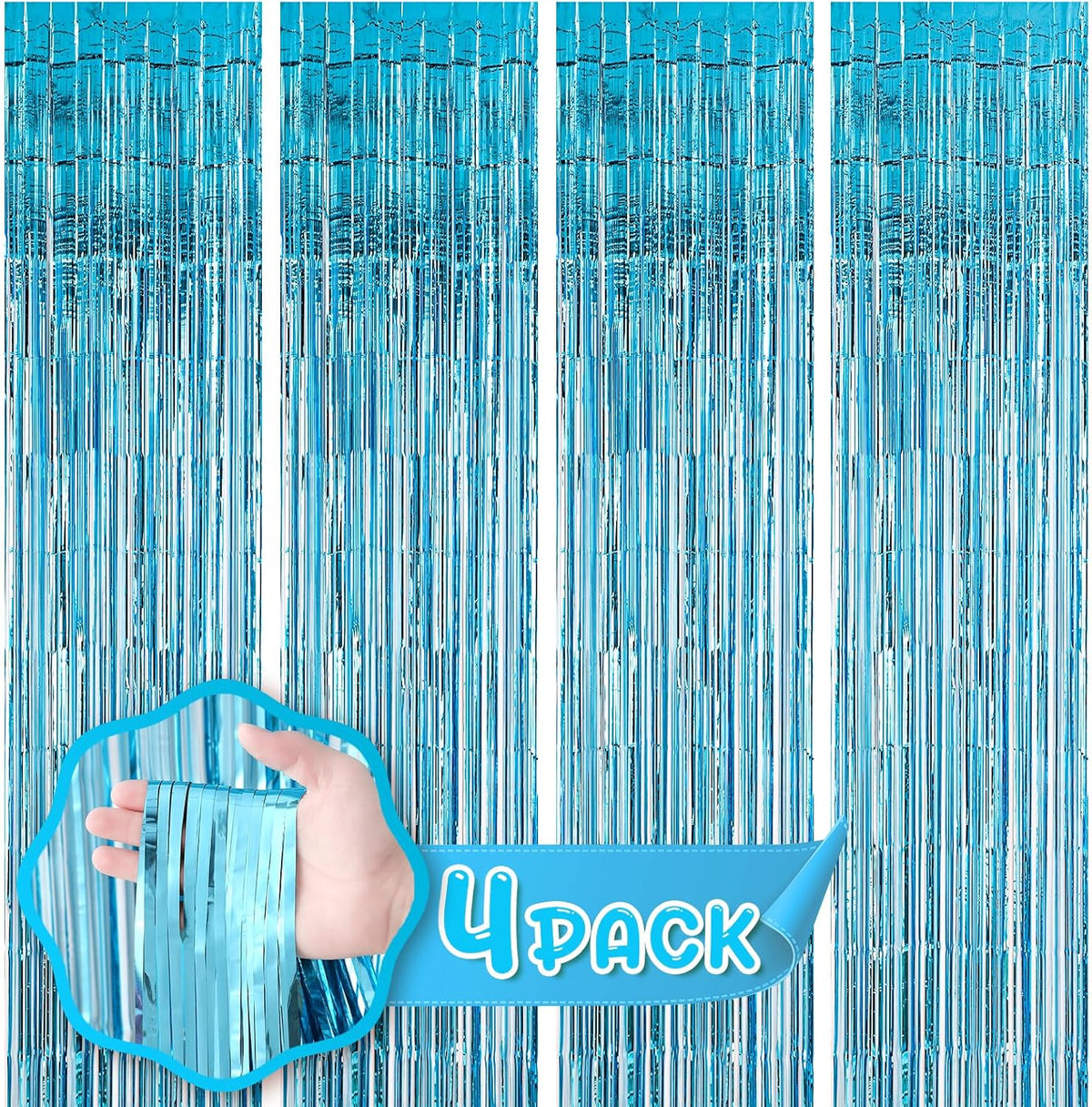 4 Pack 3.3x8.2 Feet Light Blue Foil Fringe Backdrop Curtains, Tinsel Streamers Birthday Party
