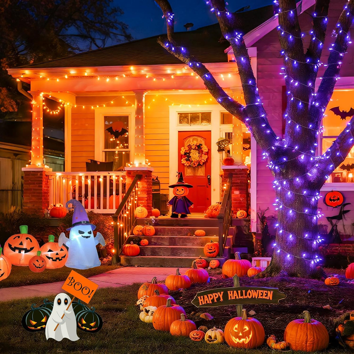 JMEXSUSS 168ft 600 LED Halloween Decor Lights Outdoor Clear Wire, Orange Purple String Lights