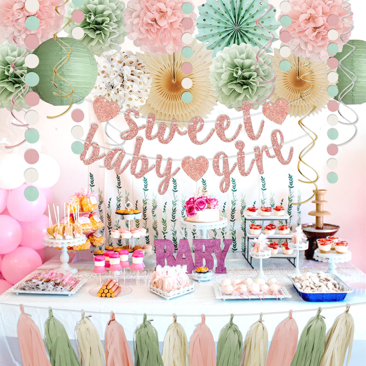 Sage Green and Blush Pink Baby Shower Decorations - Sweet Baby Girl Banner, Olive Green Lanterns