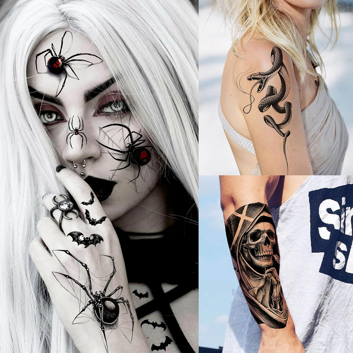 61 Sheets Halloween Temporary Tattoos for Men Women Adults, 12 Sheets Skeleton Death Skull Demon