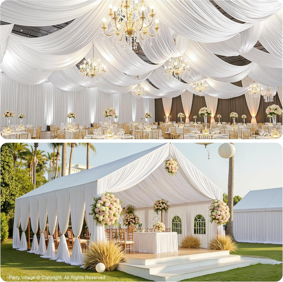 PartyVillage 12 Panels 5ftx30ft White Ceiling Drapes for Wedding Parties – 30 FT Extra Long Thick