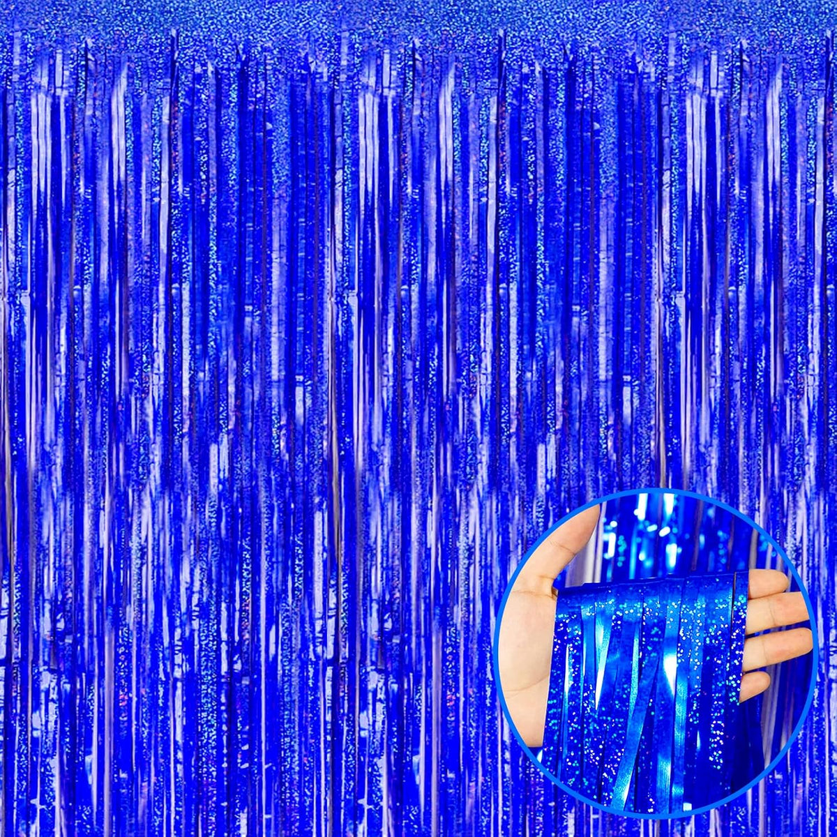 4 Pack Blue Tinsel Foil Fringe Curtain Backdrop, 3.28Ft x 8.2Ft Metallic Streamers for Photo Booth