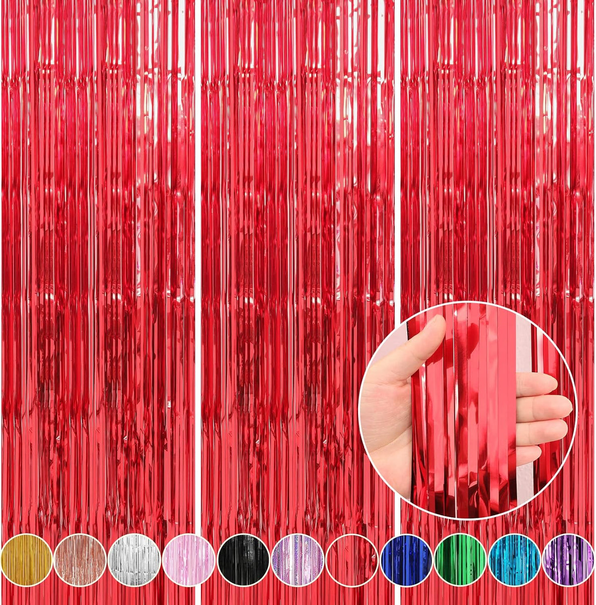 Crosize 3 Pack 3.3 x 9.9 ft Red Foil Fringe Curtains Party Decorations, Red Tinsel Curtain Backdrop