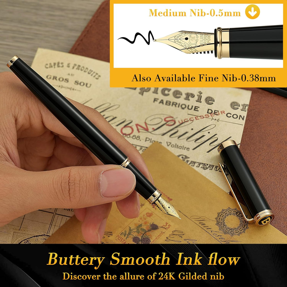 BEILUNER Black Fountain Pen,Stunning Luxury Pens with 24K Gold Accents, Gorgeous 24K Gilded