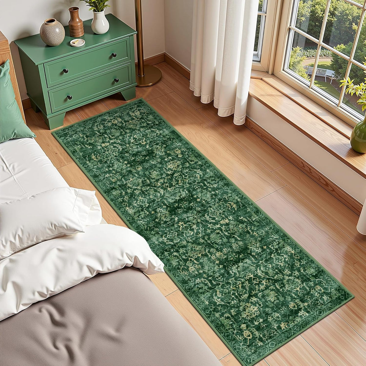 Dark Green 2x6 Runner Rug for Hallways Bed Side Kitchen, Boho Washable Distressed Low-Pile Floor