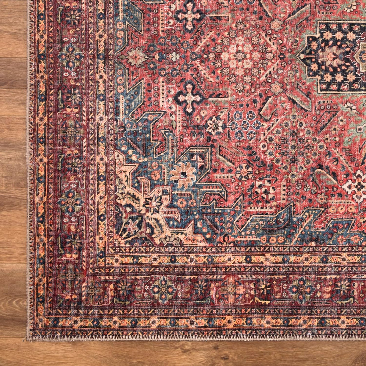 Bloom Rugs Washable Non-Slip 3' x 5' Rug - Red/Teal Blue/Yellow Traditional Medallion Area Rug for