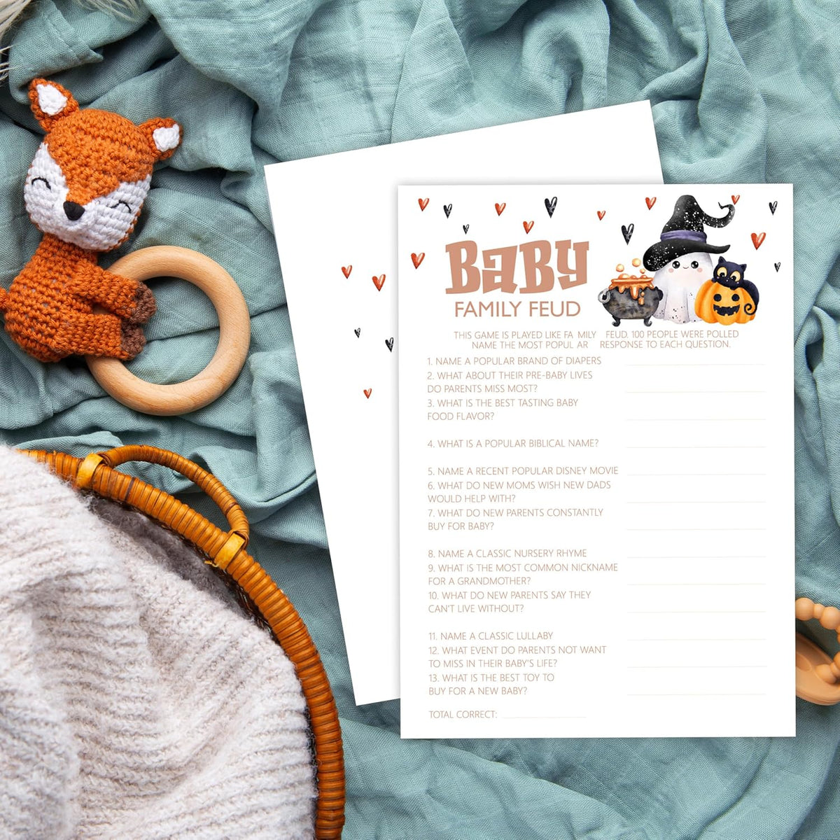 Baby Shower Games, Halloween Baby Family Feud, 25 Double-Sided Game Cards + 1 Answer Card for
